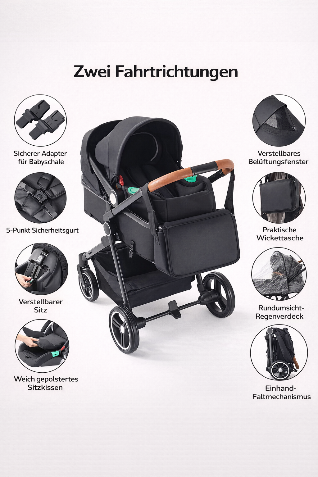 3-in-1 Kombi-Kinderwagen Set – Babywanne, Sportwagen & Babyschale | Wendbarer Sitz, Einhand-Faltmechanis