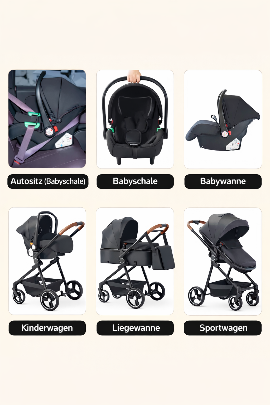 3-in-1 Kombi-Kinderwagen Set – Babywanne, Sportwagen & Babyschale | Wendbarer Sitz, Einhand-Faltmechanis