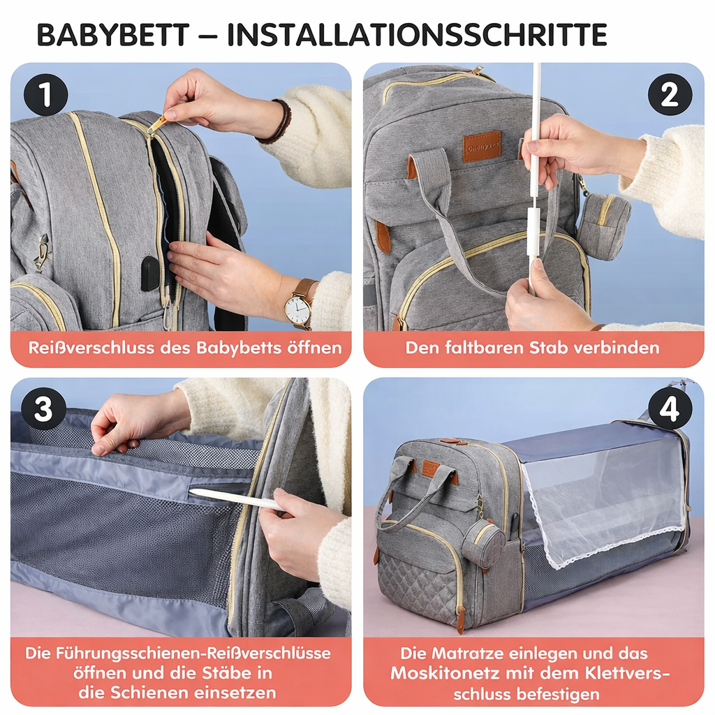 3-in-1 Wickelrucksack – Rucksack, faltbares Babybett & Wickelauflage | Wasserdicht, Reise-Wickeltasche mit USB-Anschluss
