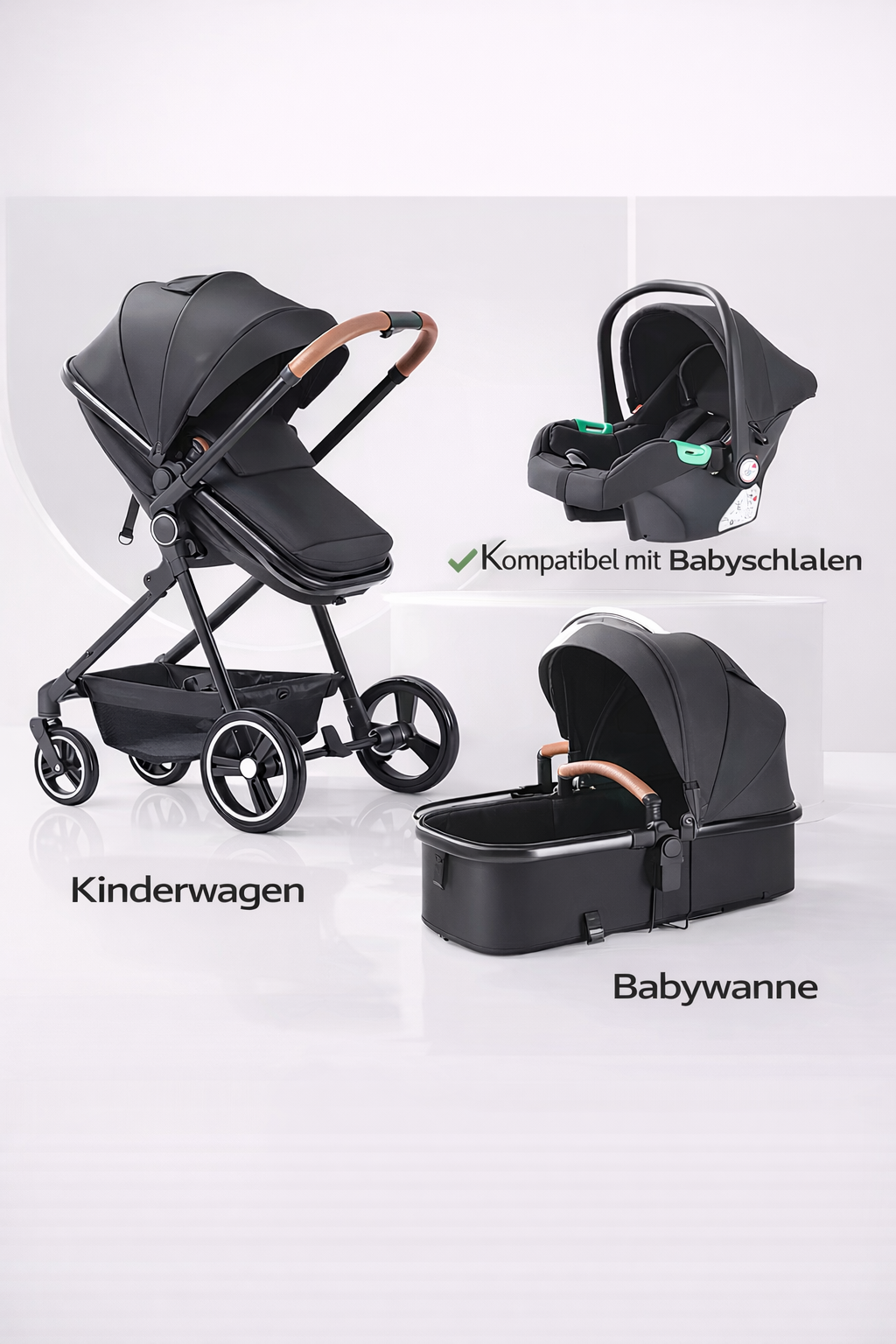 3-in-1 Kombi-Kinderwagen Set – Babywanne, Sportwagen & Babyschale | Wendbarer Sitz, Einhand-Faltmechanis