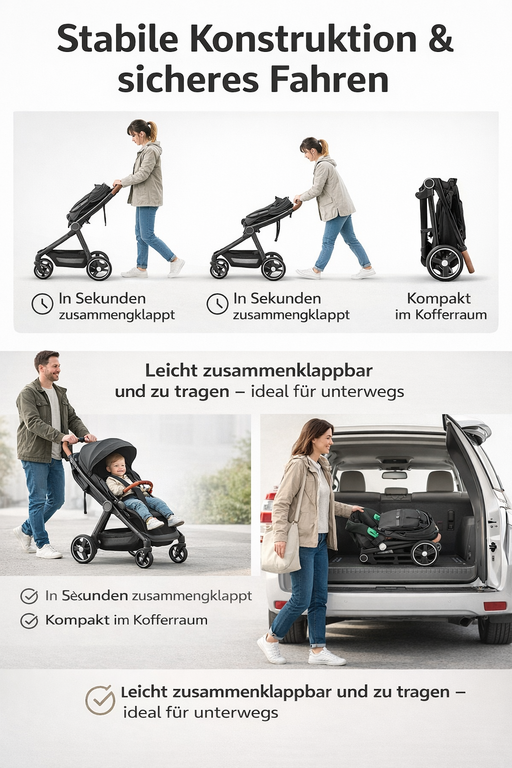 3-in-1 Kombi-Kinderwagen Set – Babywanne, Sportwagen & Babyschale | Wendbarer Sitz, Einhand-Faltmechanis
