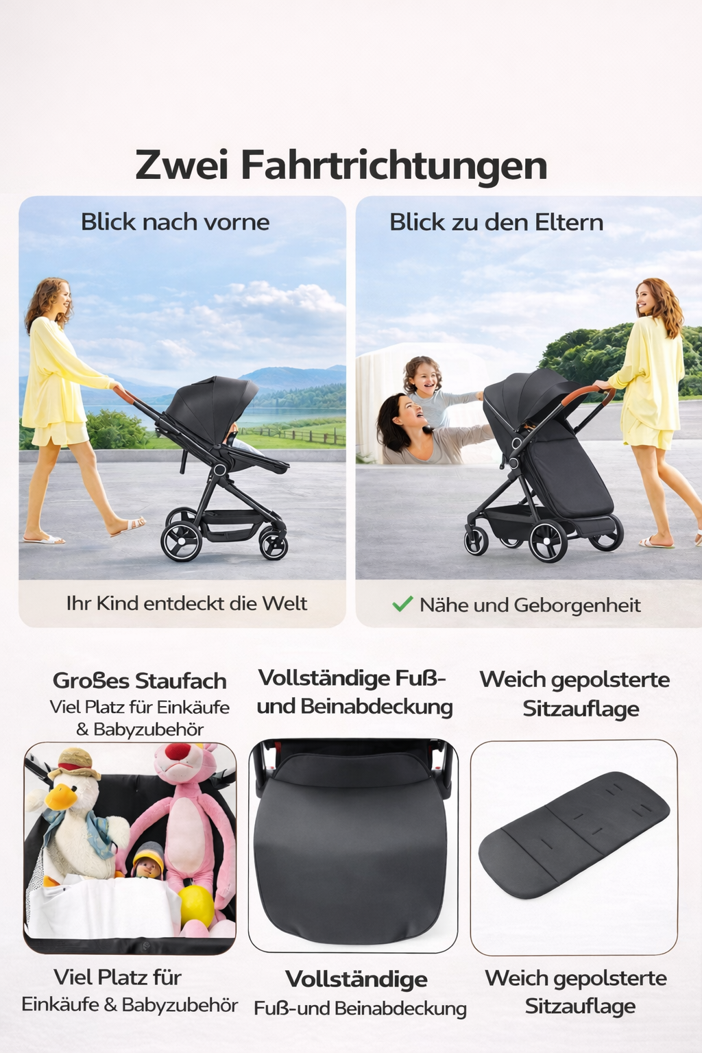 3-in-1 Kombi-Kinderwagen Set – Babywanne, Sportwagen & Babyschale | Wendbarer Sitz, Einhand-Faltmechanis