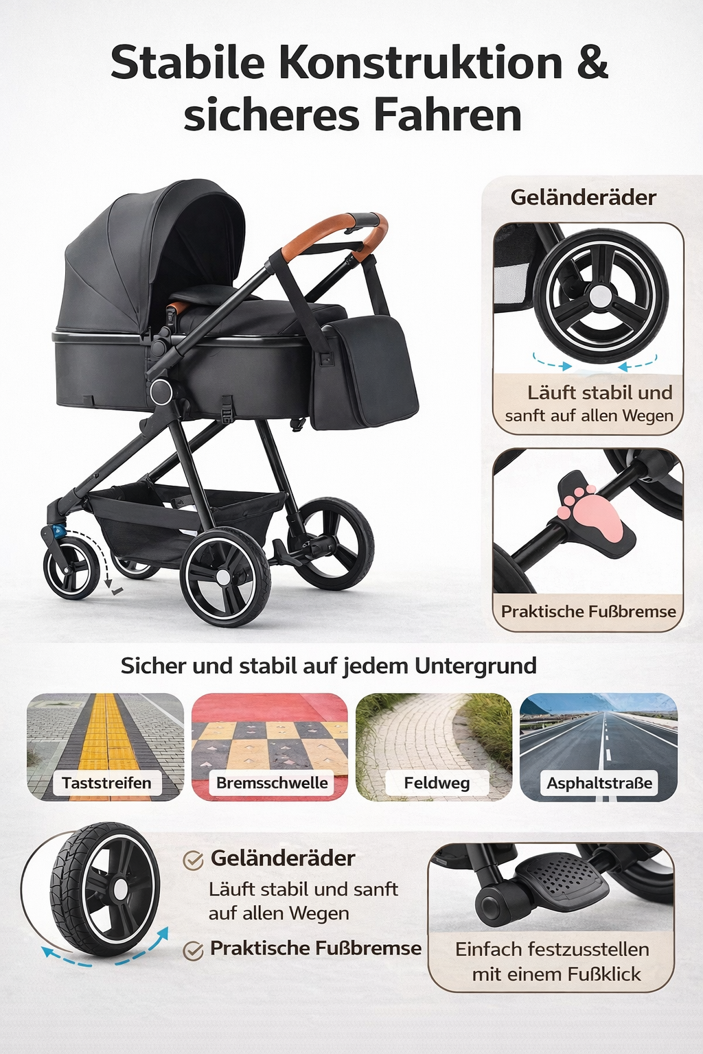 3-in-1 Kombi-Kinderwagen Set – Babywanne, Sportwagen & Babyschale | Wendbarer Sitz, Einhand-Faltmechanis