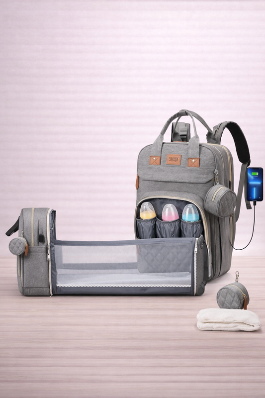3-in-1 Wickelrucksack – Rucksack, faltbares Babybett & Wickelauflage | Wasserdicht, Reise-Wickeltasche mit USB-Anschluss