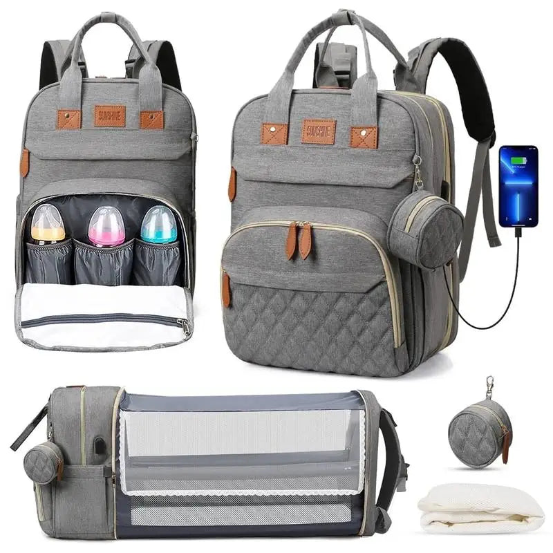 3-in-1 Wickelrucksack – Rucksack, faltbares Babybett & Wickelauflage | Wasserdicht, Reise-Wickeltasche mit USB-Anschluss