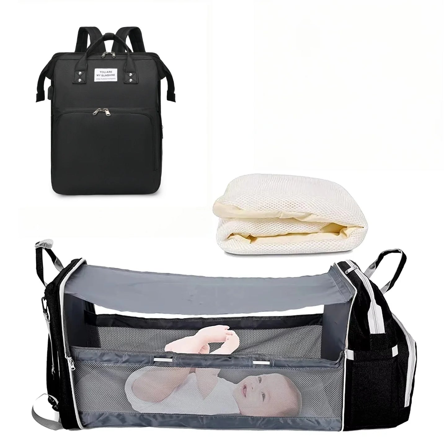 3-in-1 Wickelrucksack – Rucksack, faltbares Babybett & Wickelauflage | Wasserdicht, Reise-Wickeltasche mit USB-Anschluss